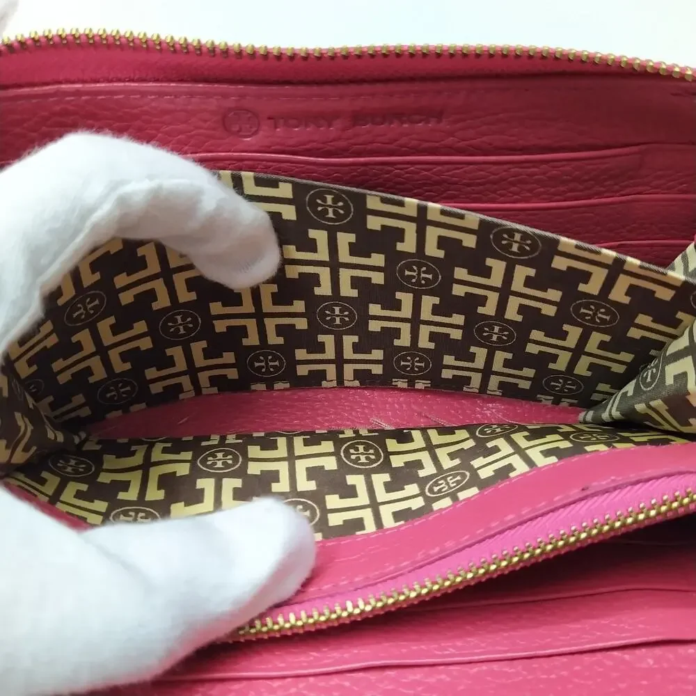 Tory Burch Pink Pebbled Leather Zip Around Credit Card Wallet